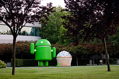Giant Google Android statue with puppy and cupcake