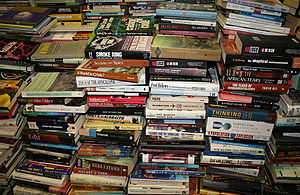 Stack of books in Gould's Book Arcade, Newtown...