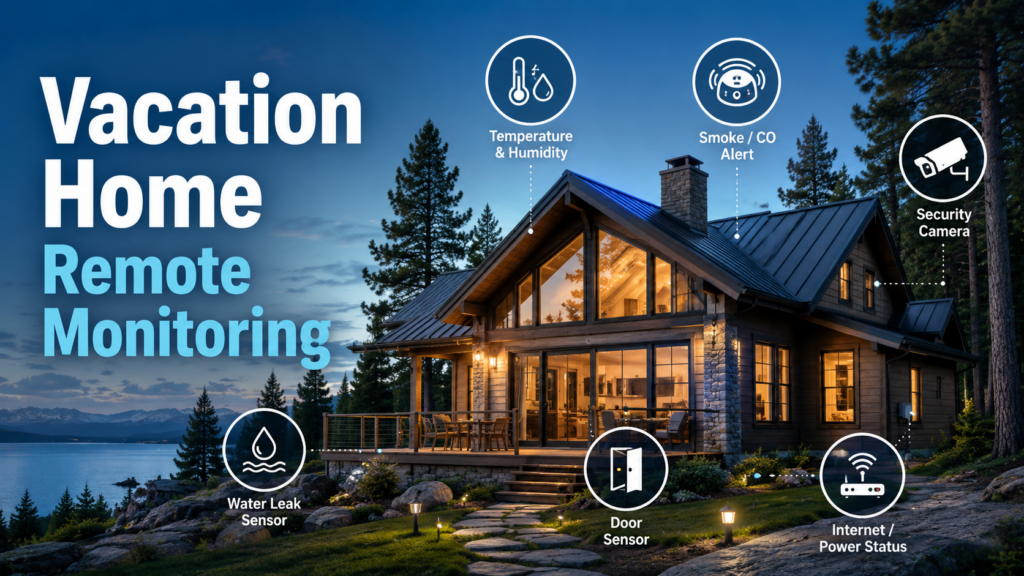 Vacation home remote monitoring setup with leak sensors, temperature alerts, cameras, and smart home notifications