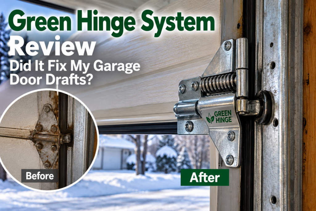 Green Hinge System installed on a garage door with a before-and-after comparison of the old hinge and new spring-loaded hinge.
