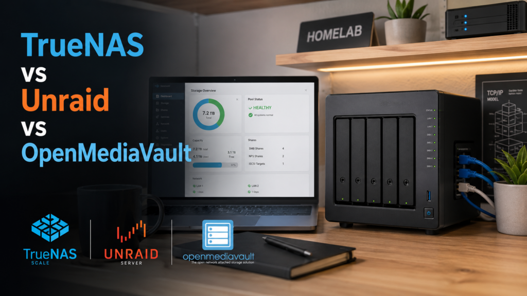 Home NAS server with drive bays and network cables, illustrating TrueNAS vs Unraid vs OpenMediaVault NAS software