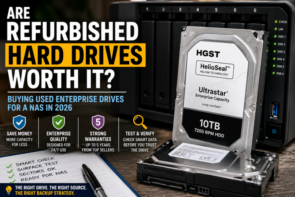 Refurbished HGST Ultrastar enterprise hard drives beside a NAS, with a checklist for SMART testing, surface testing, warranty, and backup strategy.