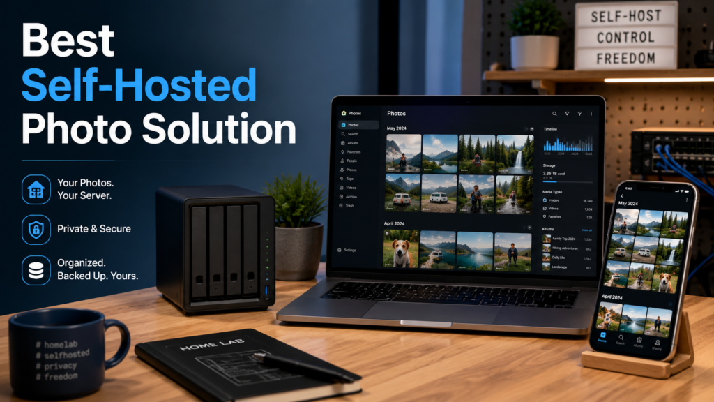 Self-hosted photo library setup with phone, laptop, and home server, illustrating Immich as a Google Photos alternative