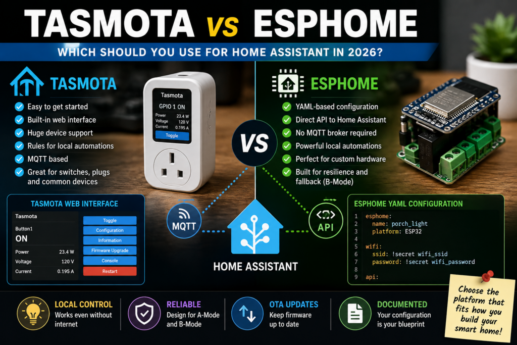 Tasmota vs ESPHome comparison for Home Assistant, showing MQTT versus direct API integration, local automations, web interface, YAML configuration, OTA updates, and smart-home resilience.