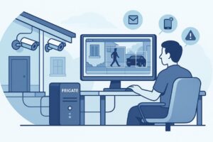 Illustration of a person monitoring POE security cameras using Frigate NVR software on a computer, with outdoor cameras mounted on a house and detection alerts shown on screen.