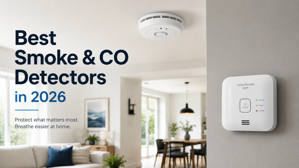 Smoke and carbon monoxide detectors on a ceiling and wall, illustrating the best smoke and CO alarms in 2026