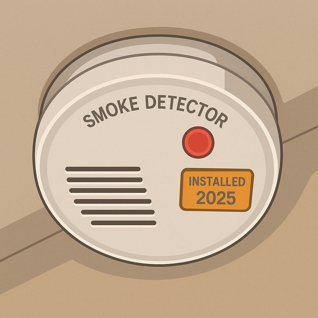 Illustration of a modern smoke detector mounted on a ceiling, with a red LED light and an orange installation label marked Installed 2025