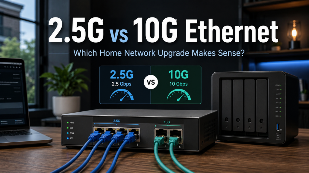2.5G vs 10G Ethernet home network comparison with switch, NAS, and network cables
