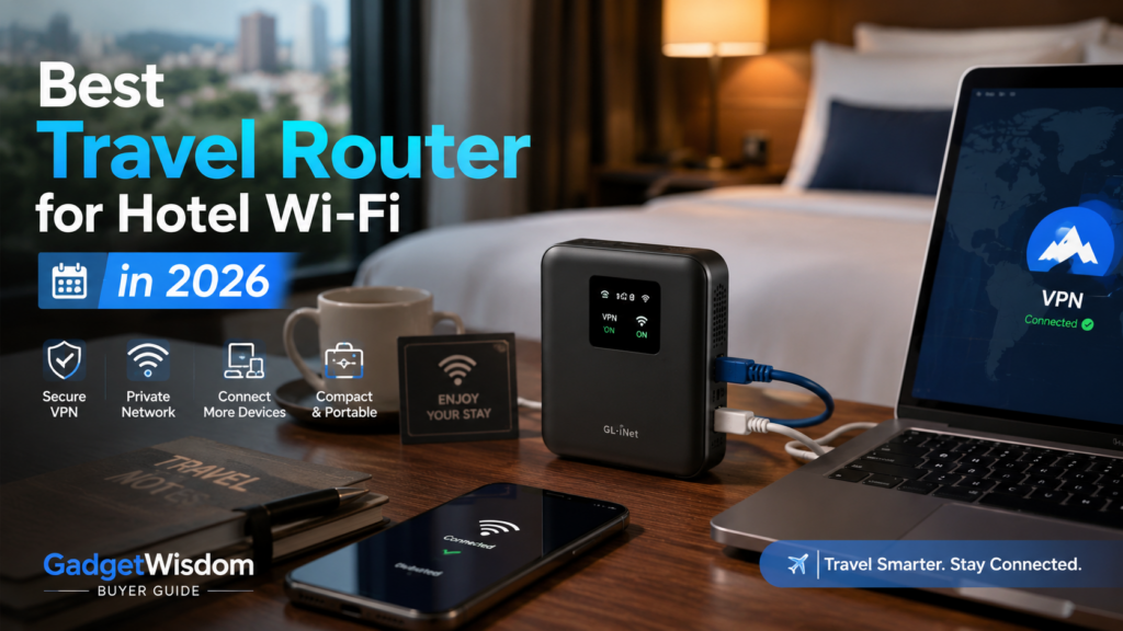 Portable travel router next to a laptop and phone in a hotel room, illustrating the best travel router for hotel Wi-Fi in 2026