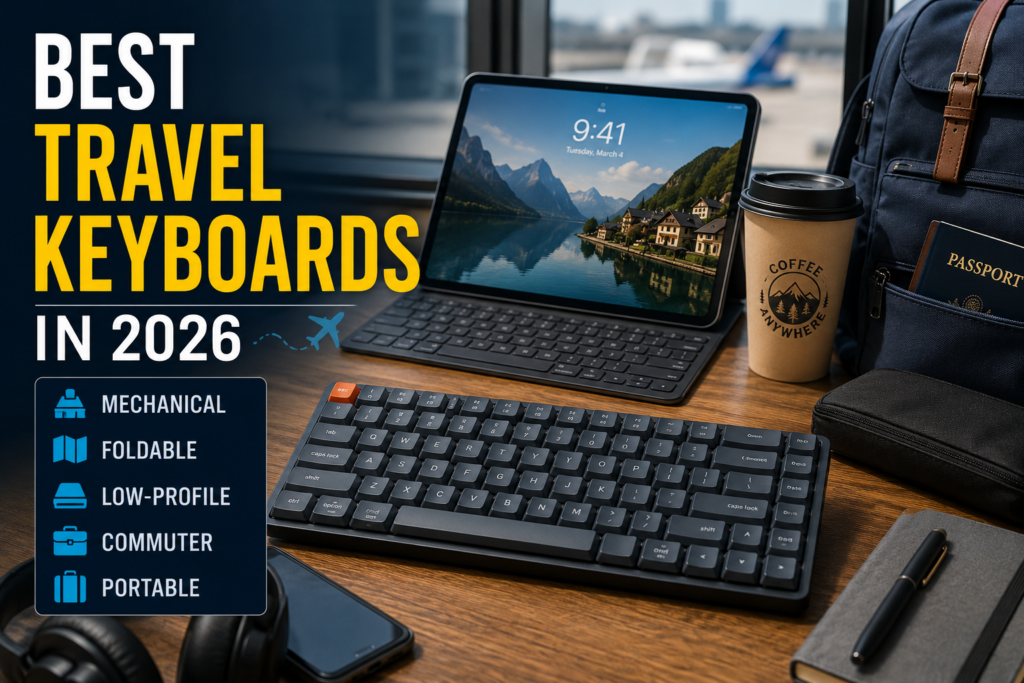Compact travel keyboard with laptop and backpack, illustrating the best travel keyboards in 2026