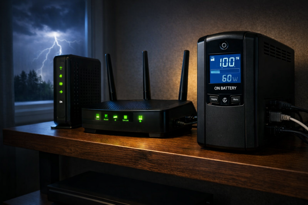 UPS battery backup powering a modem and Wi-Fi router during a power outage