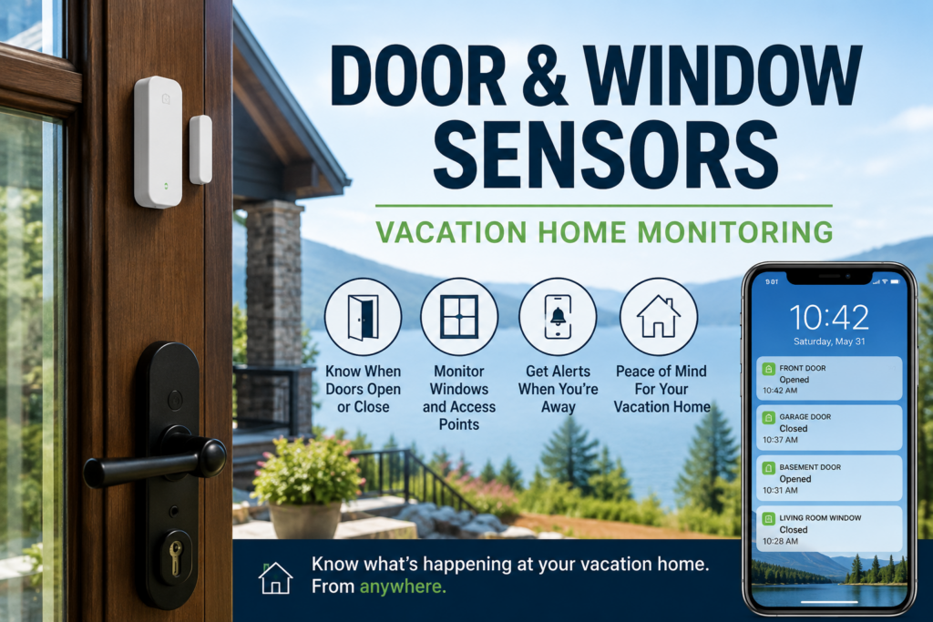 Door and window sensor on a vacation home entryway for remote monitoring alerts