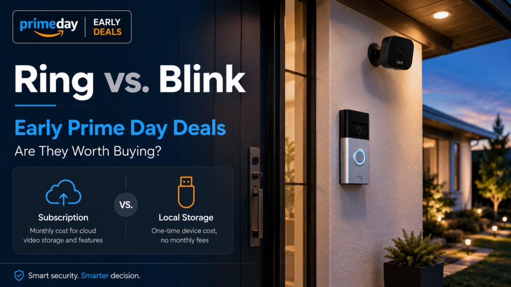 Ring and Blink security cameras displayed with an Amazon Prime Day deal tag, highlighting early Prime Day smart home camera discounts