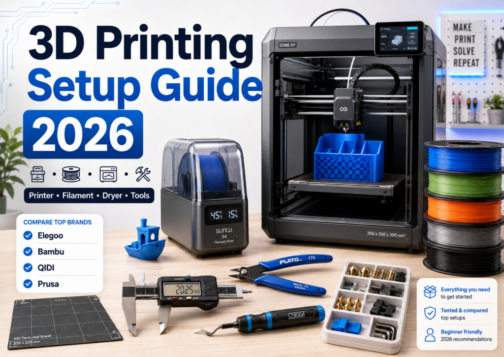 3D printing setup guide showing an enclosed CoreXY printer, filament dryer, filament spools, digital calipers, cutters, nozzles, and other useful 3D printing tools.