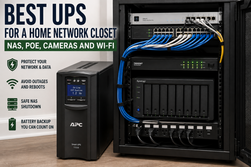UPS battery backup protecting a home network closet with NAS, PoE switch, router and Ethernet equipment.”