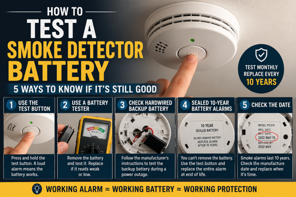 Smoke detector battery testing guide showing the test button, battery tester, hardwired backup battery, sealed 10-year alarm, and manufacture date.