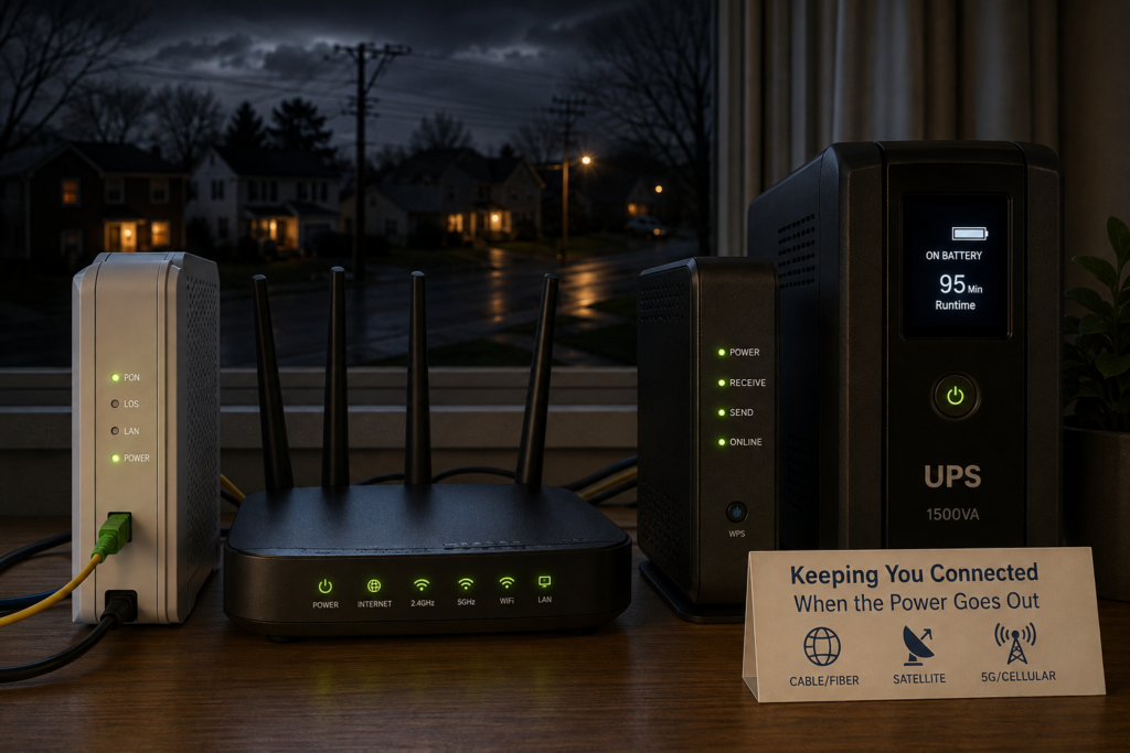 Home internet router and networking equipment running on battery backup during a power outage