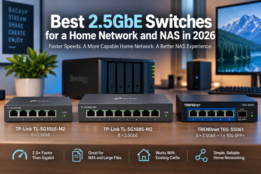 Three 2.5GbE network switches for home networking and NAS use, including five-port, eight-port and 10G uplink options.