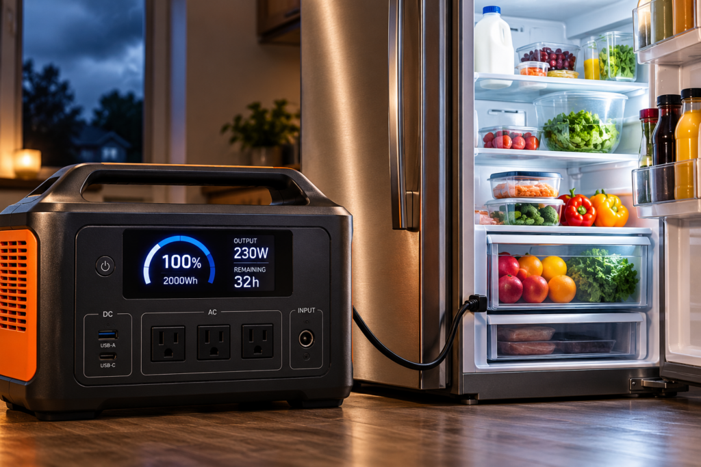 Portable 2000Wh power station running a refrigerator during a power outage, showing backup runtime and energy output.