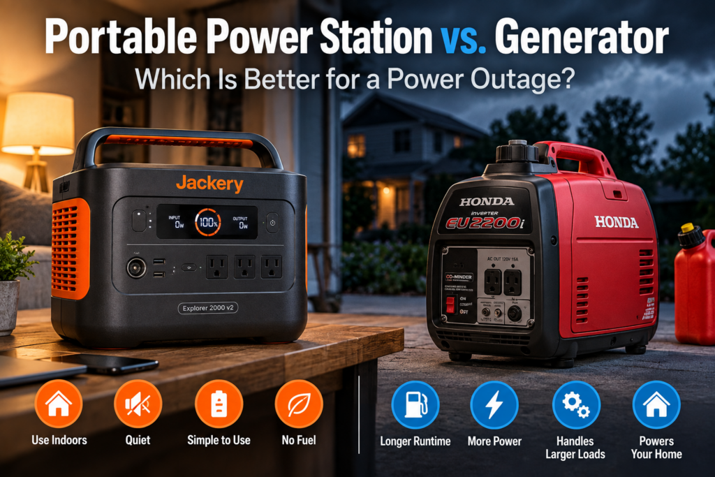 Portable power station and inverter generator compared for home backup power during an outage.