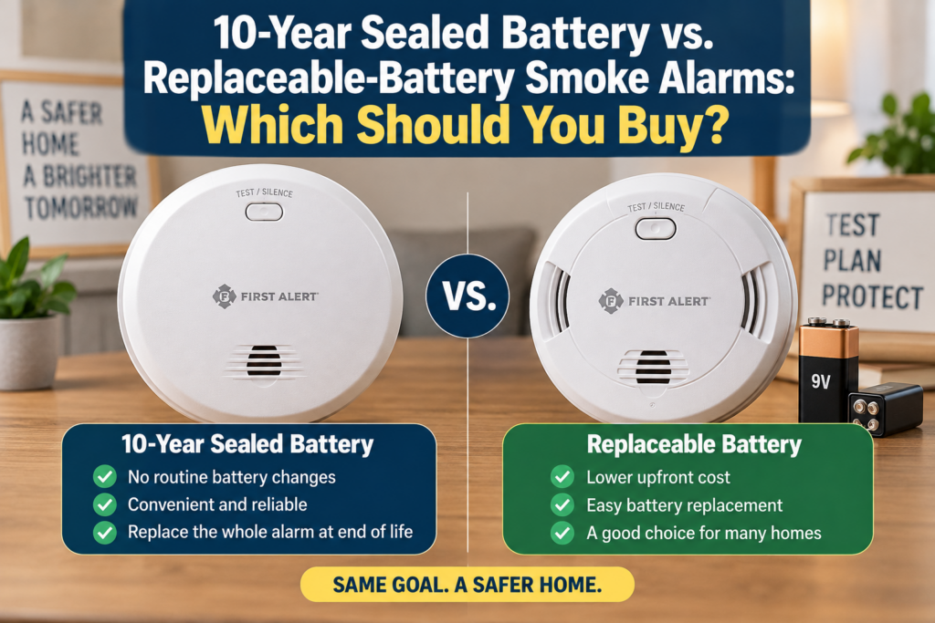 Comparison of a 10-year sealed-battery smoke alarm and a replaceable-battery smoke alarm, highlighting maintenance, cost and replacement differences.