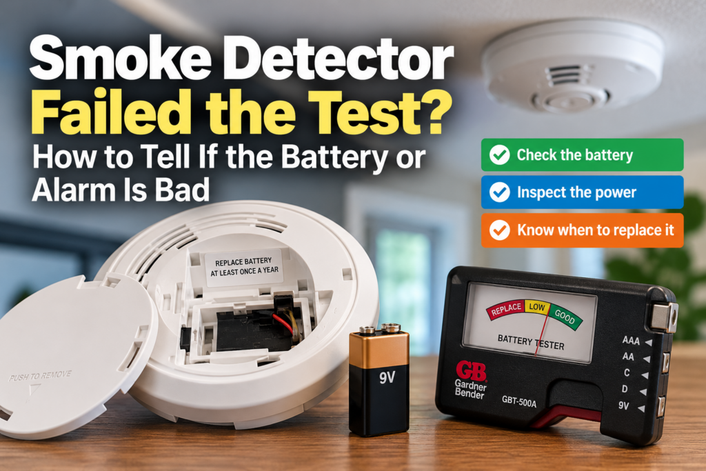 Smoke detector, 9V battery and battery tester illustrating how to diagnose a failed smoke alarm test and determine whether the battery or alarm needs replacement.