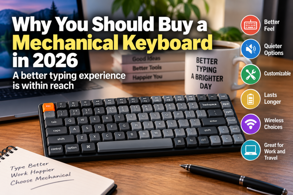 Mechanical keyboard on a desk illustrating the benefits of switching to a mechanical keyboard, including better typing feel, quieter options, customization, durability and wireless use.